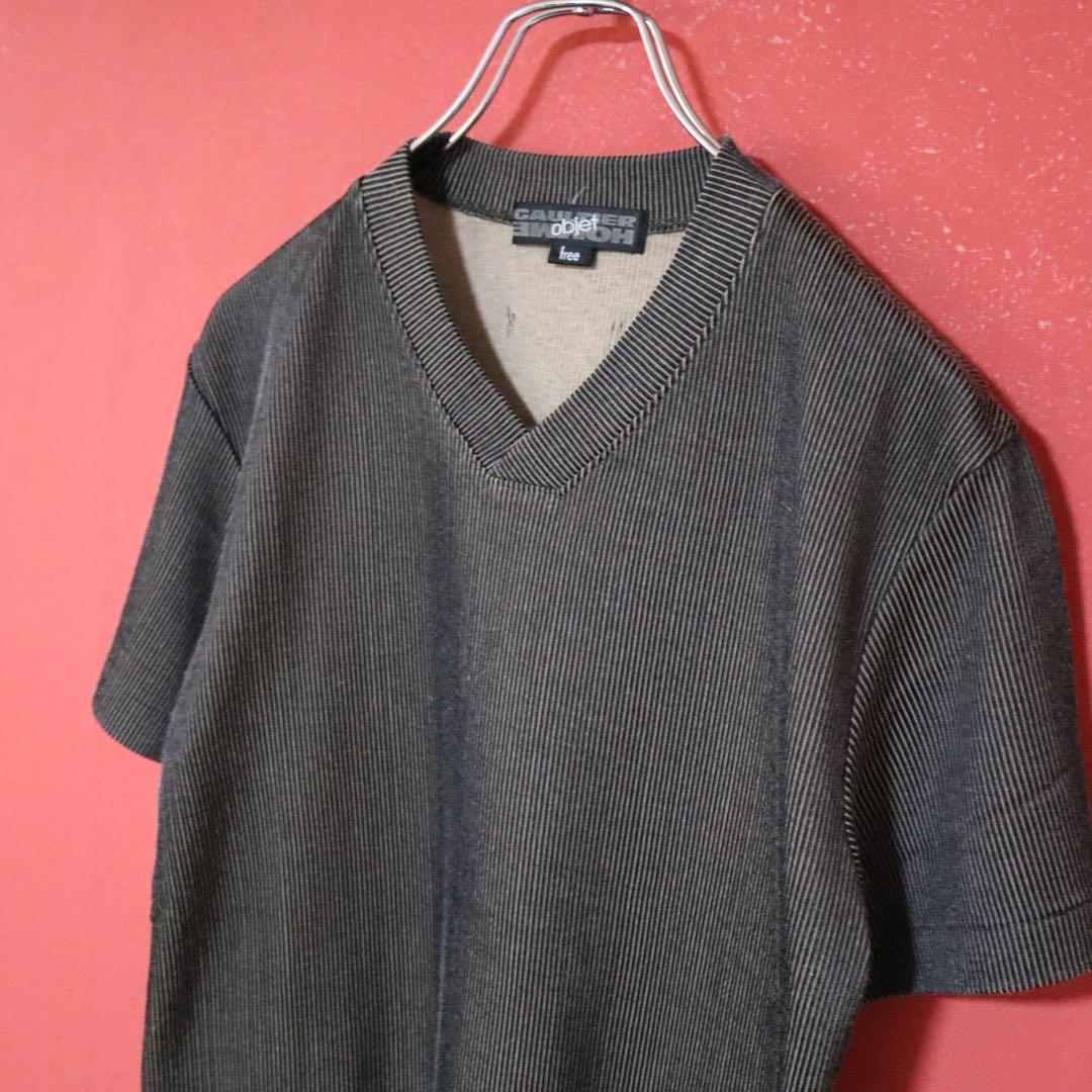GAULTIER HOMME objet 立体ストライプ Vネック Tシャツ