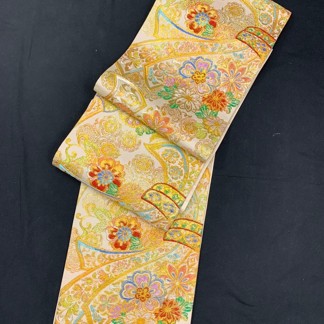 新品特撰西陣(最高級)工芸名門津村織物☆王朝正倉院刺繍織花熨斗華文多色織振袖袋帯