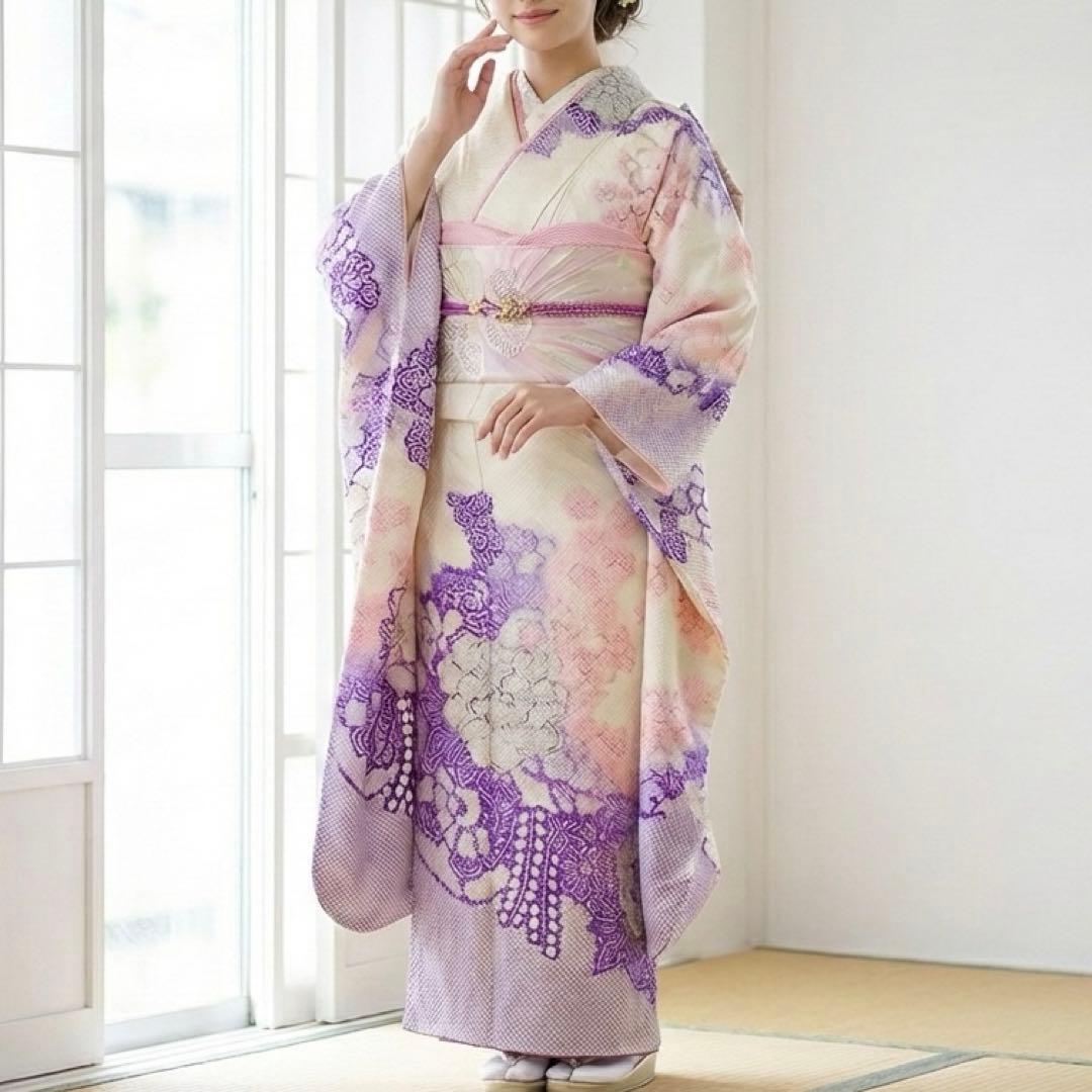 Pink♡様　正絹　振袖　駒刺繍　絞り　草花文　やまと誂製　袋帯　唐織　銀糸　紫