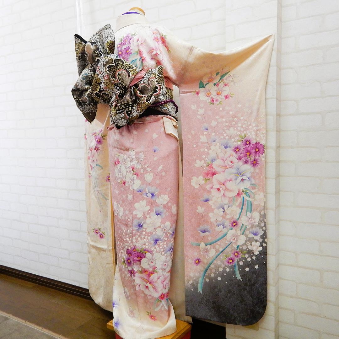 和40　オフホワイト振袖セット　成人式（桜・蘭・花束）　160-165cm前後