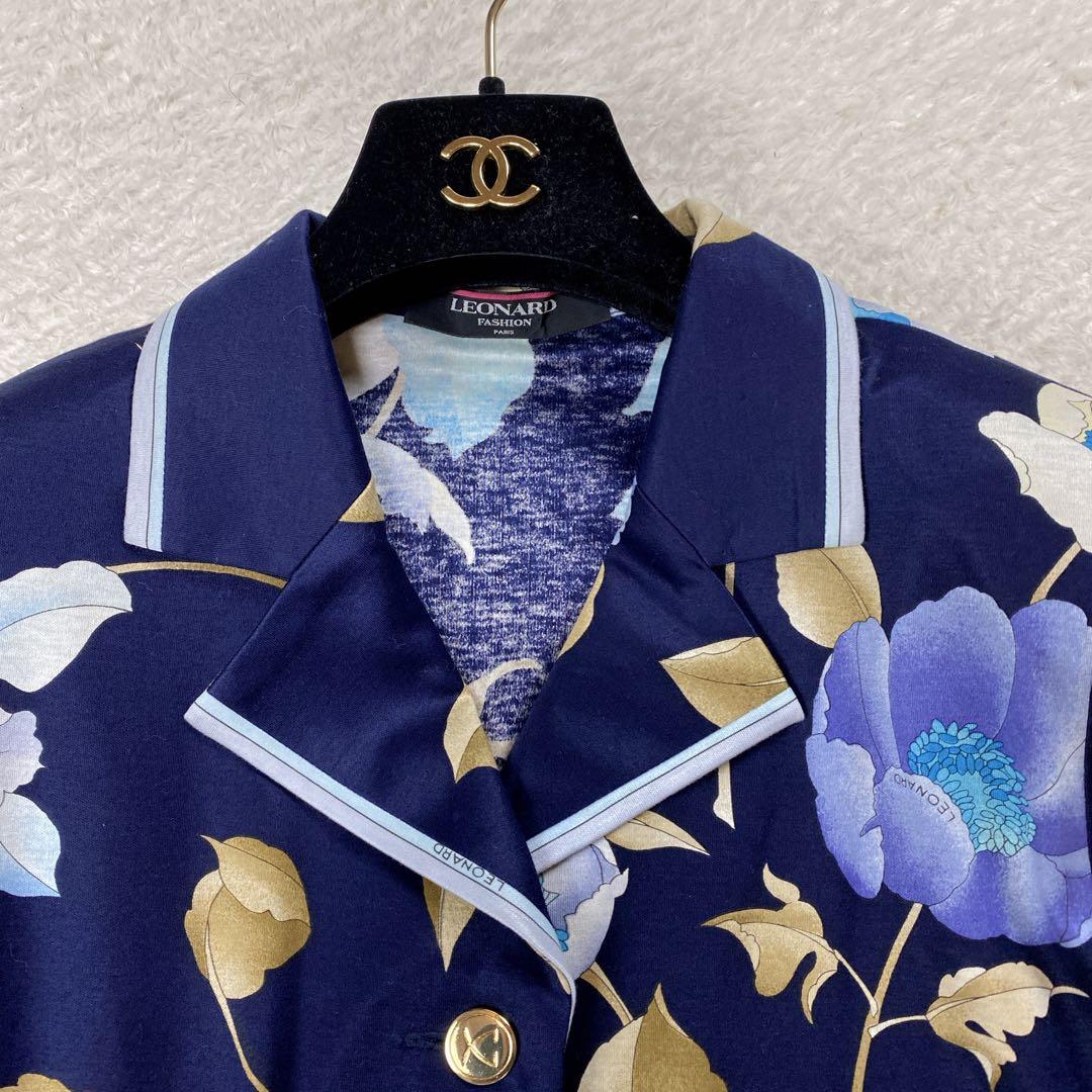 美品・レオナール　LEONARD ネイビー フローラル ジャケット　紺　L