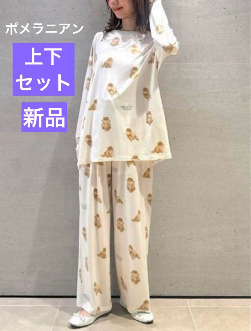 【新品】ジェラートピケ　ポメラニアン総柄ロンT &ロングパンツ