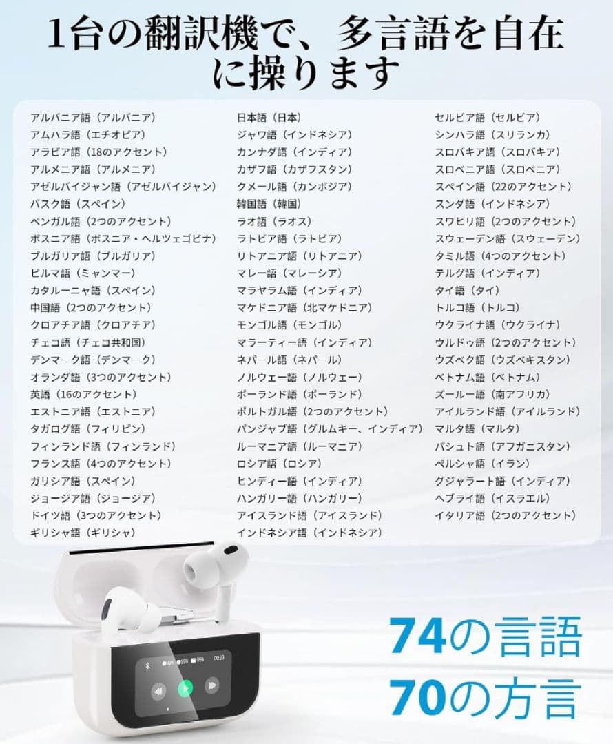 翻訳機能付きイヤホン ホワイト 144の言語 オンライン翻訳 双方向同時通訳