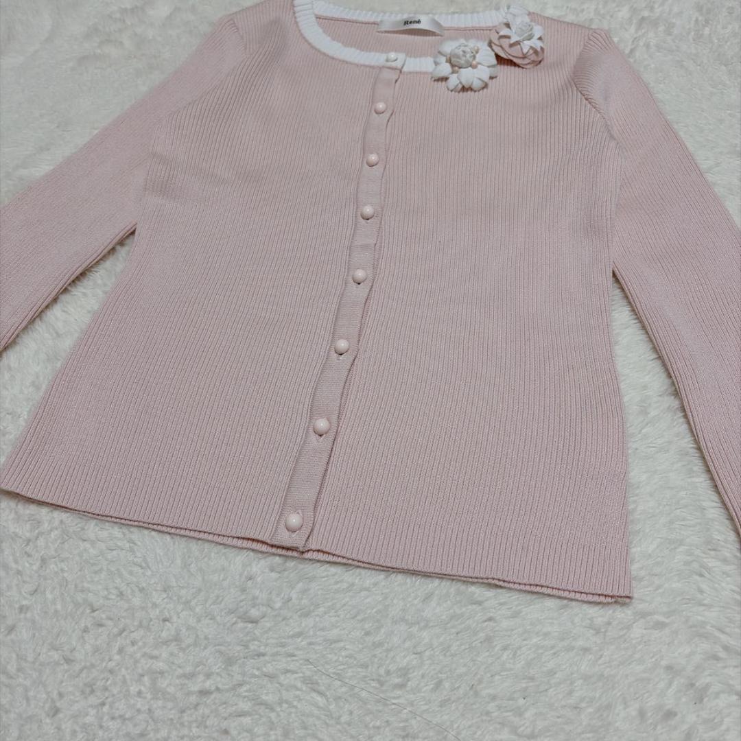 極美品 Rene コサージュ付 リブカーディガン ピンク セレモニー 34