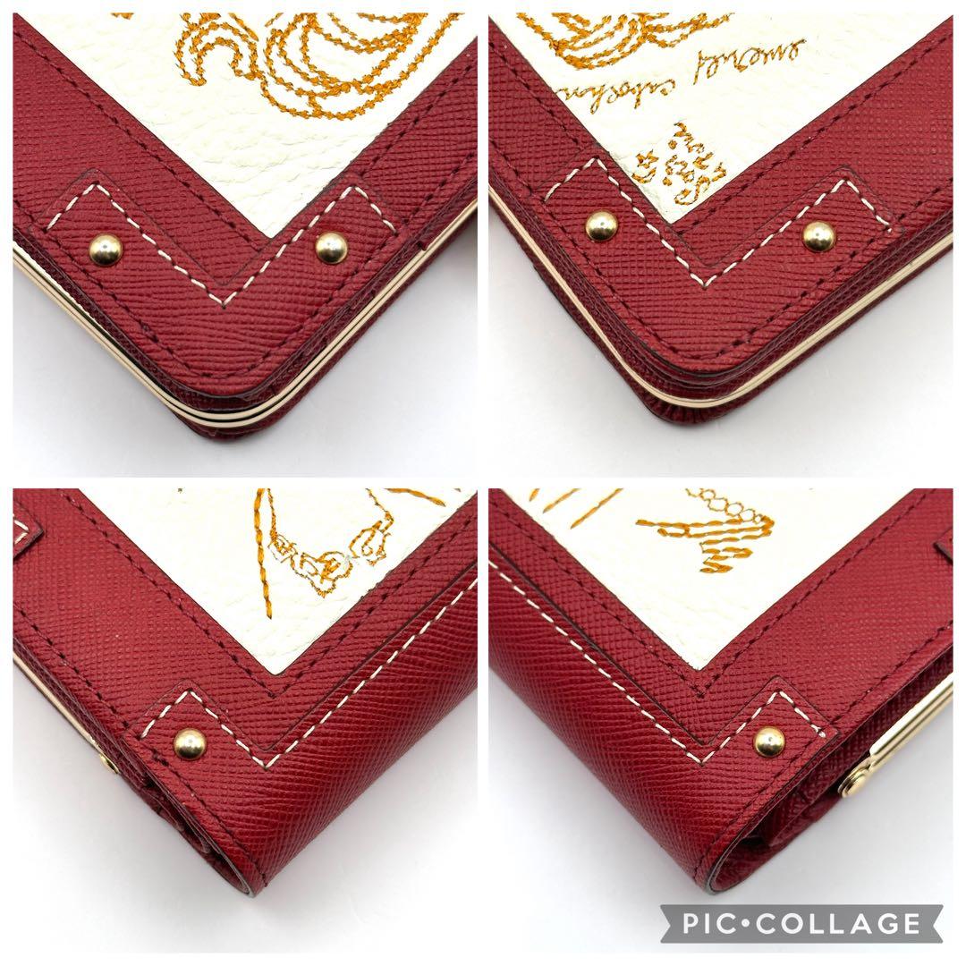 【美品】ジェフリーフルビマーリ 二つ折り財布 がま口 刺繍 レッド系