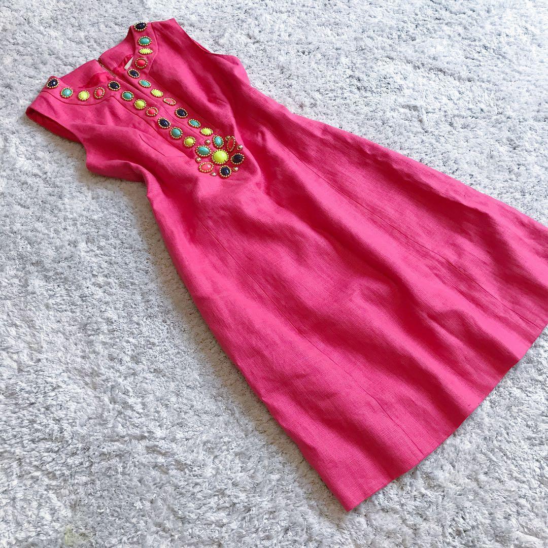 ケイトスペード：美品【中村アンさん着】リネン混ツイード×ビジュー•ワンピース