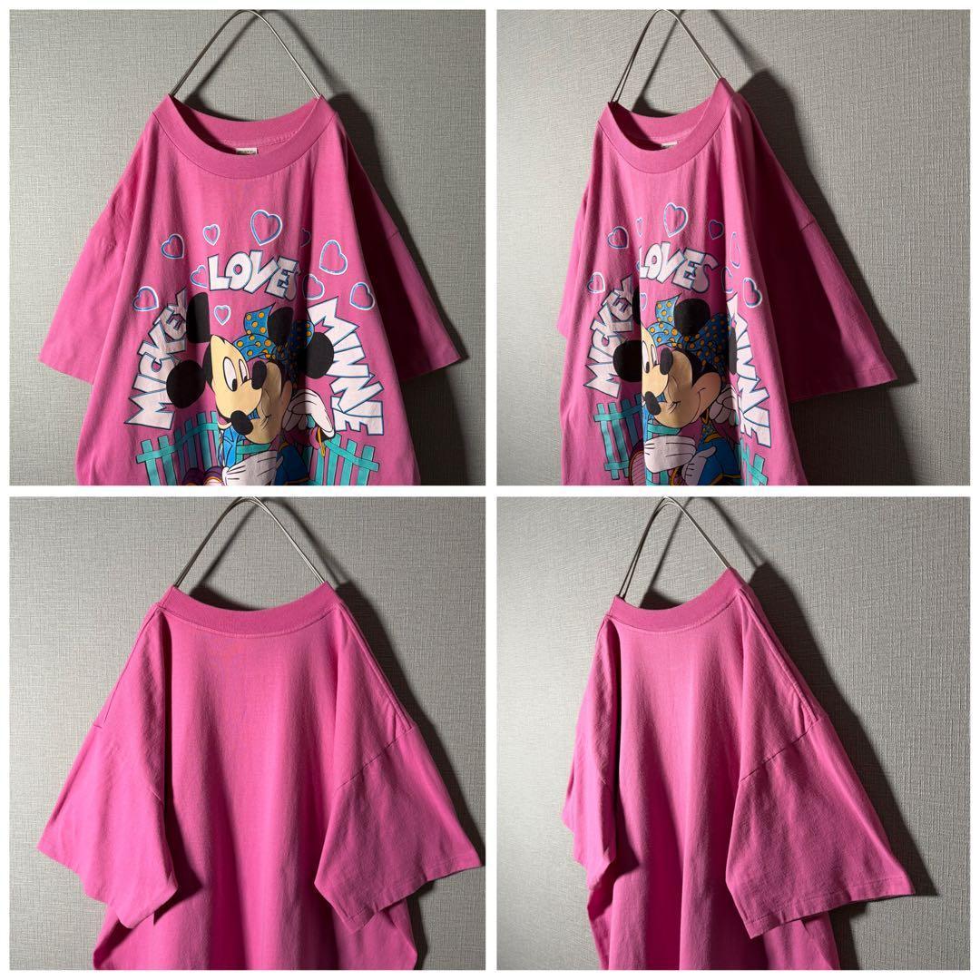 USA製★Disney Tシャツ ミッキー&ミニー デカロゴ ピンク XL以上