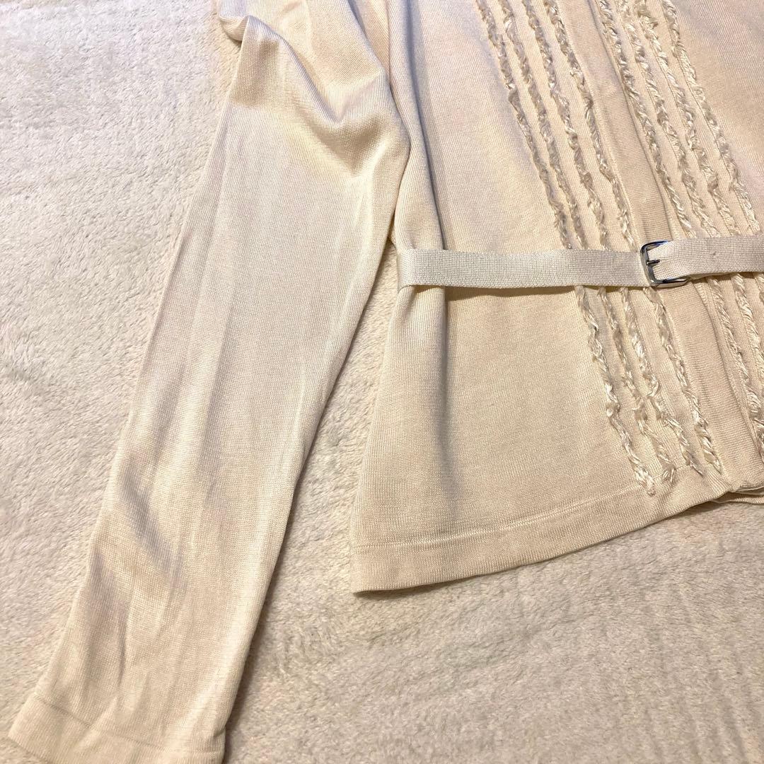 バーバリー シルク100% ロゴ 刺繍 カーディガン ベルト フリンジ 生成り