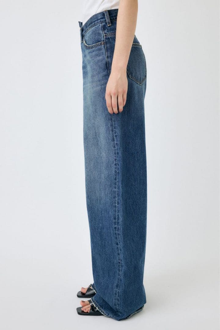 【新品】moussyCROSSWAIST ワイド ストレートデニム0ダークブルー