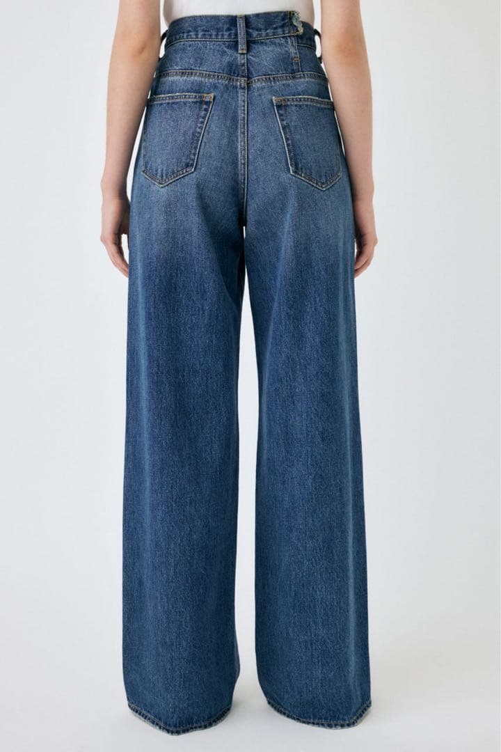 【新品】moussyCROSSWAIST ワイド ストレートデニム0ダークブルー