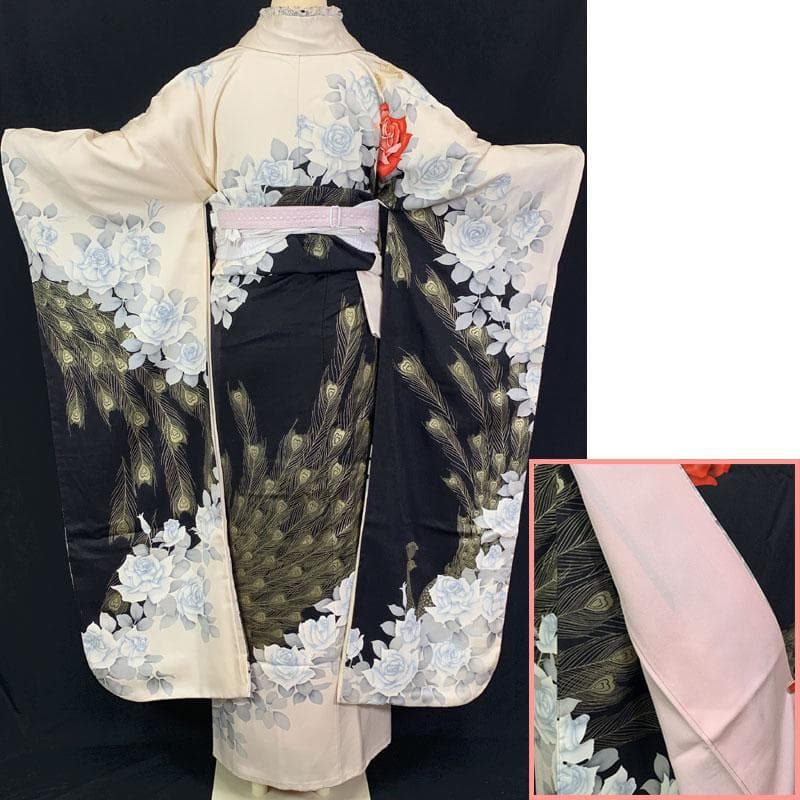 602z31☆作家物 振袖 モダン 金彩 薔薇 白黒☆状態良好 成人式 結婚式