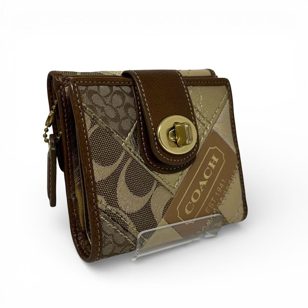 【美品】 COACH コーチ ターンロック パッチワーク シグネチャー 折り財布