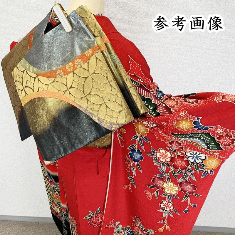 602z17,403y34,小物類☆紅型振袖 古典柄 松竹梅 赤黒☆美品 成人式