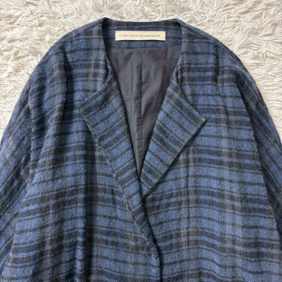 kagureかぐれ ウールリネンチェックコート ブルー