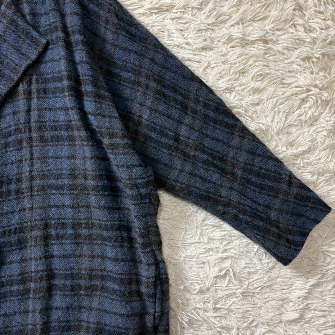kagureかぐれ ウールリネンチェックコート ブルー
