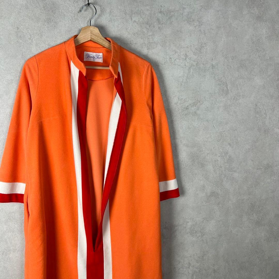 70s USA製 長袖ワンピース オレンジ パイル生地 ジップ vintage