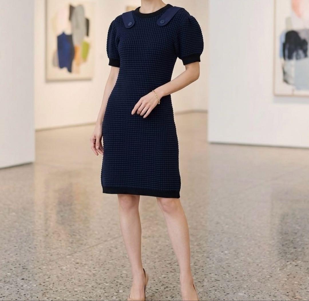 極美品✨フェンディ ワッフルニットワンピース ネイビー 38 パフスリーブ