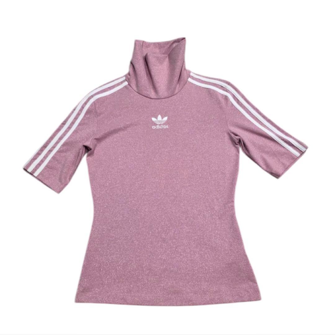 アディダス ハイネック ラメTシャツ モックネック L ピンクadidas