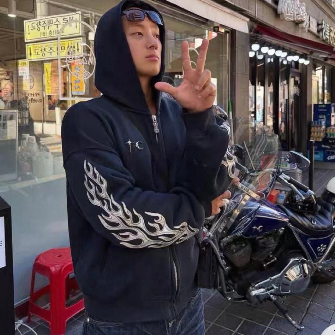 ジャケット・アウター Thug club Leather Flame Hooded Zip-Up