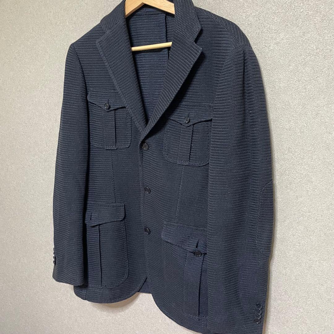 美品　リングジャケット　リネン　コットン サファリジャケット ネイビー 48 L