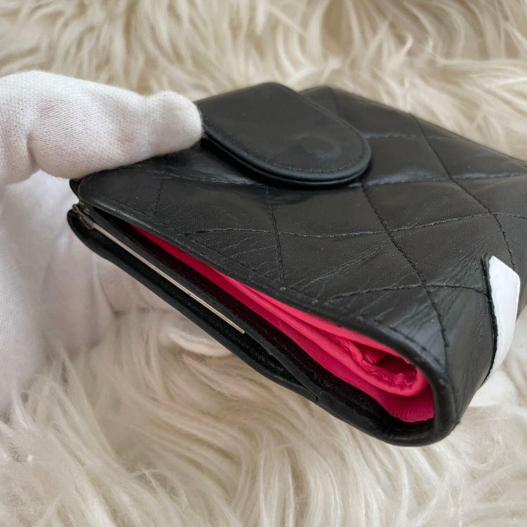 シャネル CHANEL 二つ折り 財布 カンボンライン ピンク 黒 がま口