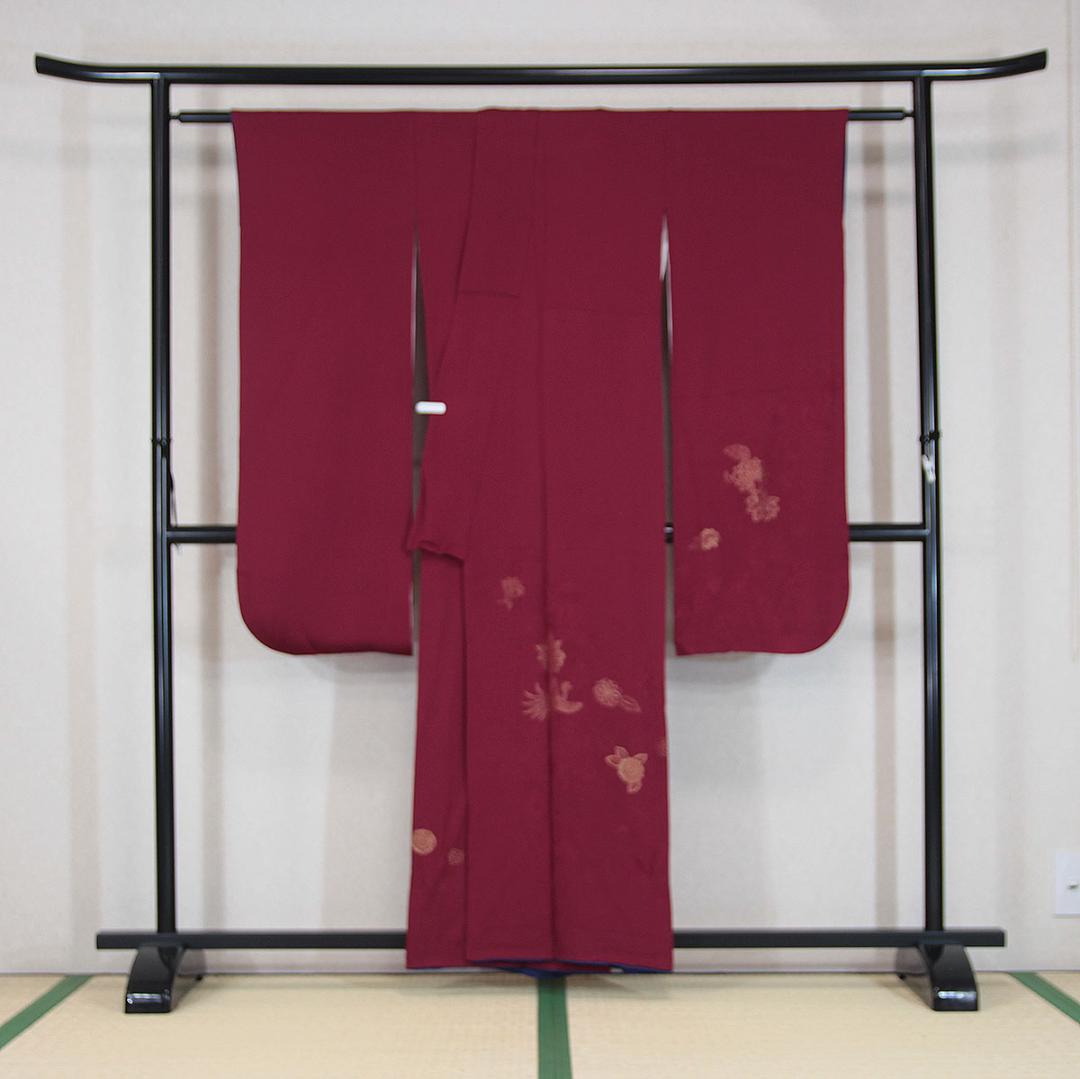 未使用　山本 寛斎　金彩　華喰鳥　正絹振袖　ワインレッド　袴　卒業式　b119