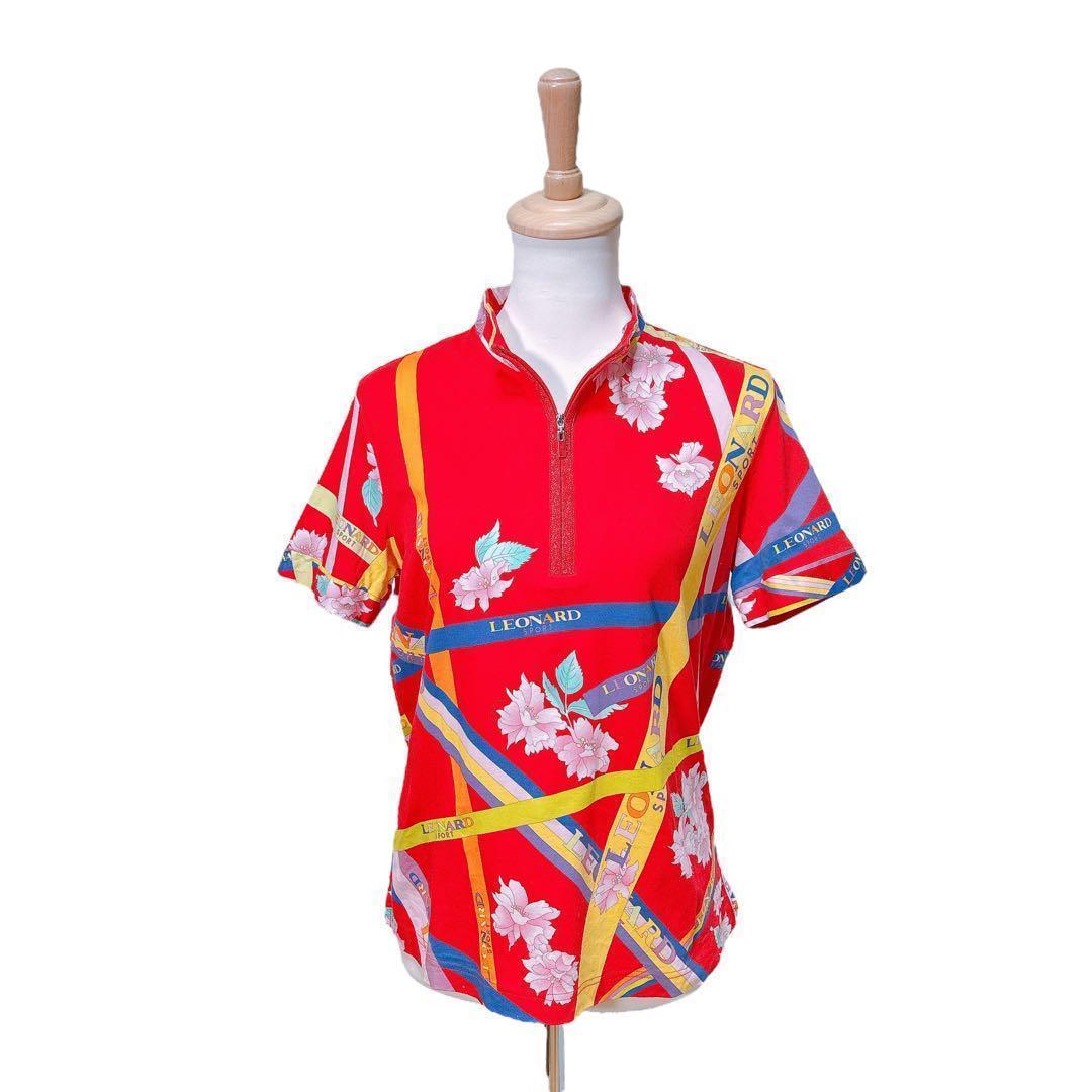 【美品】レオナール（XL）半袖ポロシャツ/花柄/ゴルフウェア/ハーフジップ