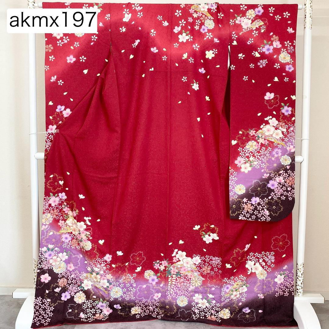 akmx197 正絹 振袖 銀通し 赤色 パールトーン加工 9号 花柄