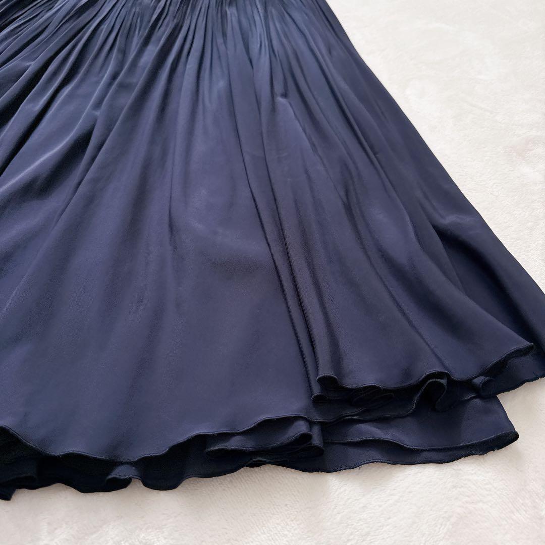 23SS アナイ レザーライクプリーツスカート フレア 36 ネイビー 光沢感