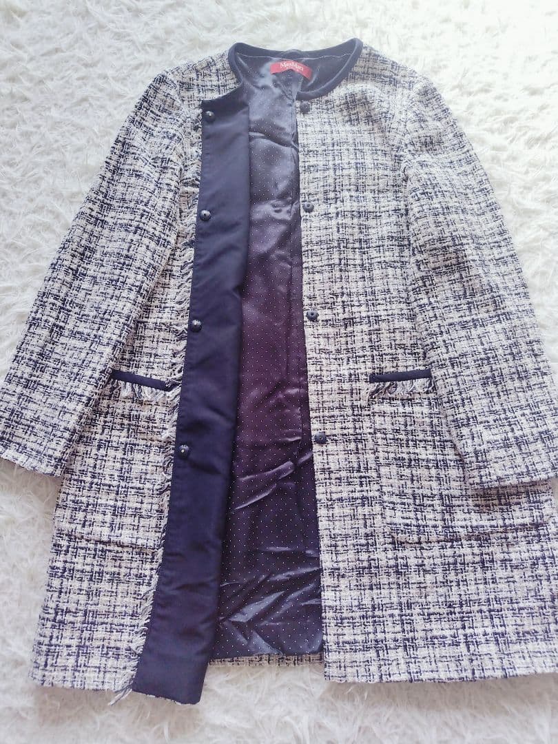 美品✨️MaxMara　ツイードノーカラーロングジャケットコート