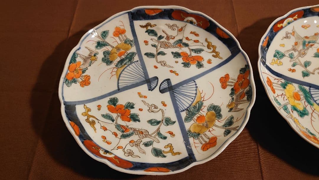 古伊万里　伊万里　色絵　扇文　華の図　蔵出し　大皿　菓子皿　２客