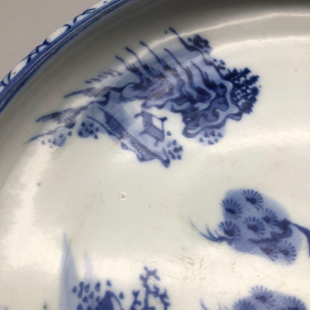 希少年代物 藍染山水画平鉢飾り皿アンティーク陶磁器Bビンテージ骨董品食器