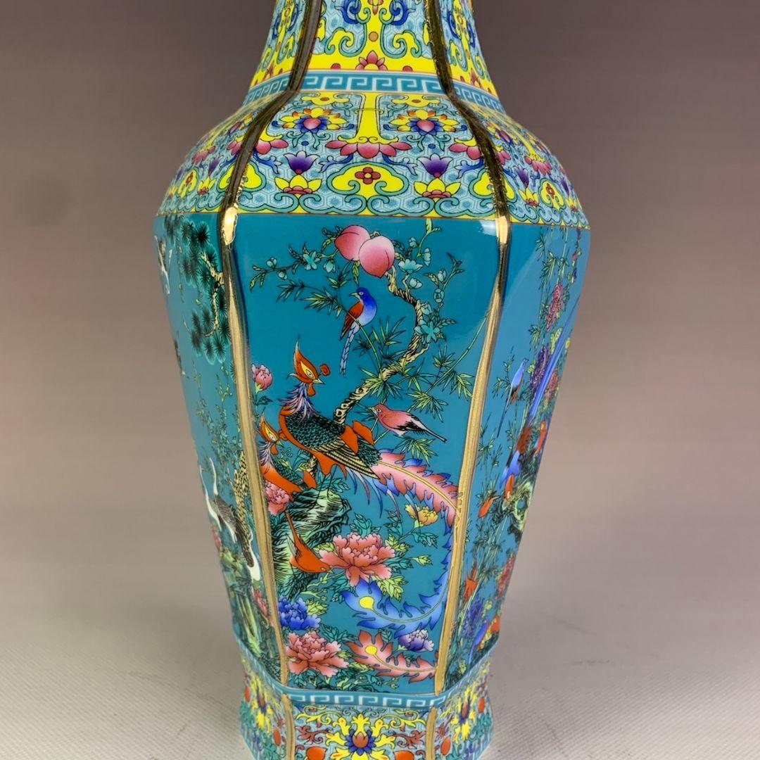 青地蒔絵花鳥六方瓶 景徳鎮 陶磁器 装飾品 現代工芸品 美術品 置物