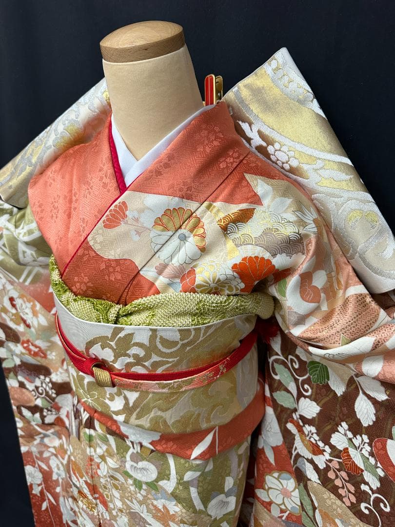 京友禅 オレンジ地 染め分け 四季の花 金駒刺繍 川島織物袋帯フルセット