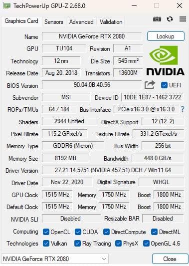 グラフィックボード・グラボ・ビデオカード MSI GeForce RTX2080 VENTUS 8G OC