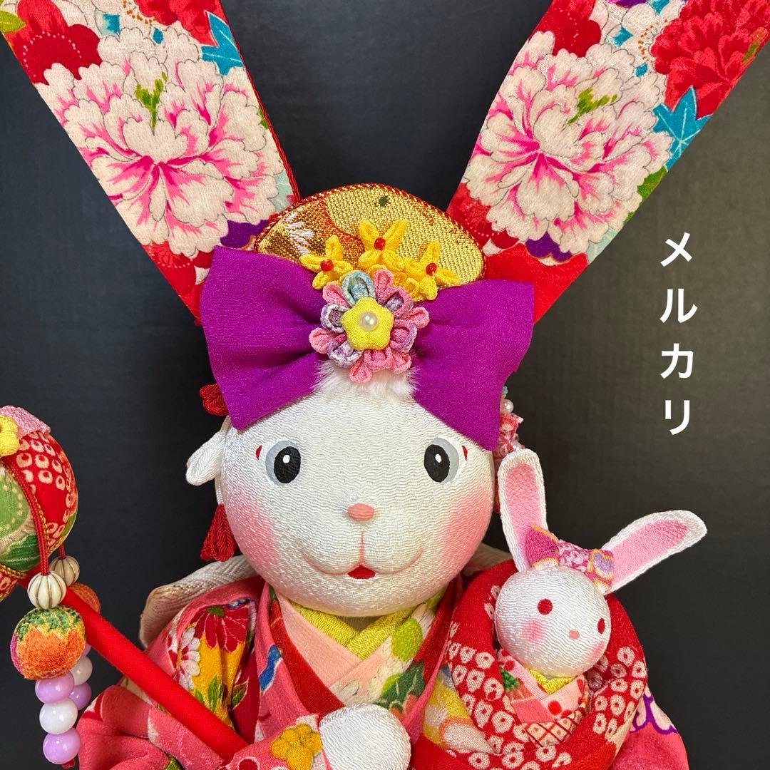 【うさぎの創作人形】耳長うさぎ　ちりめん細工　縮緬細工　うさぎの置物　和風うさぎ