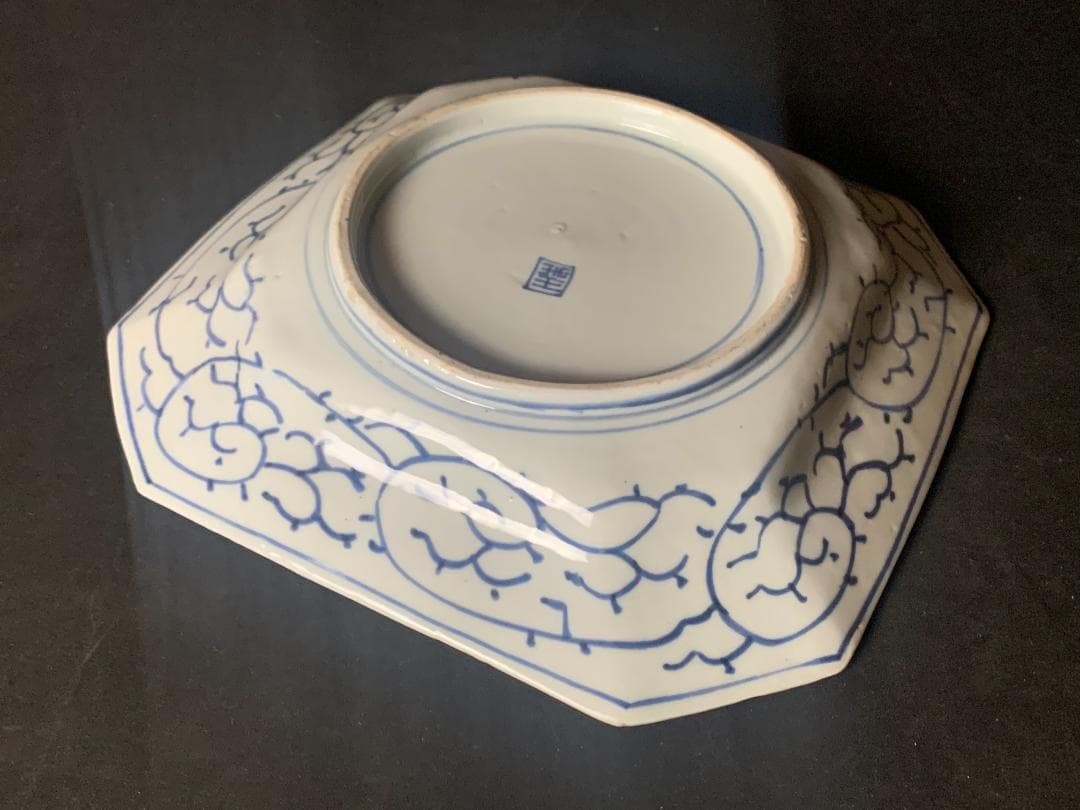 古伊万里 染付 線描 花蝶山水図 隅切 角皿 江戸後期 547