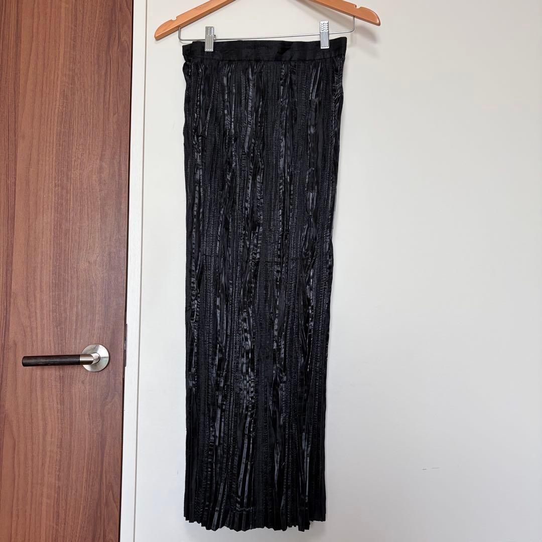 ★美品★イッセイミヤケ　プリーツスカート　M シアー　ランダム　異素材 光沢