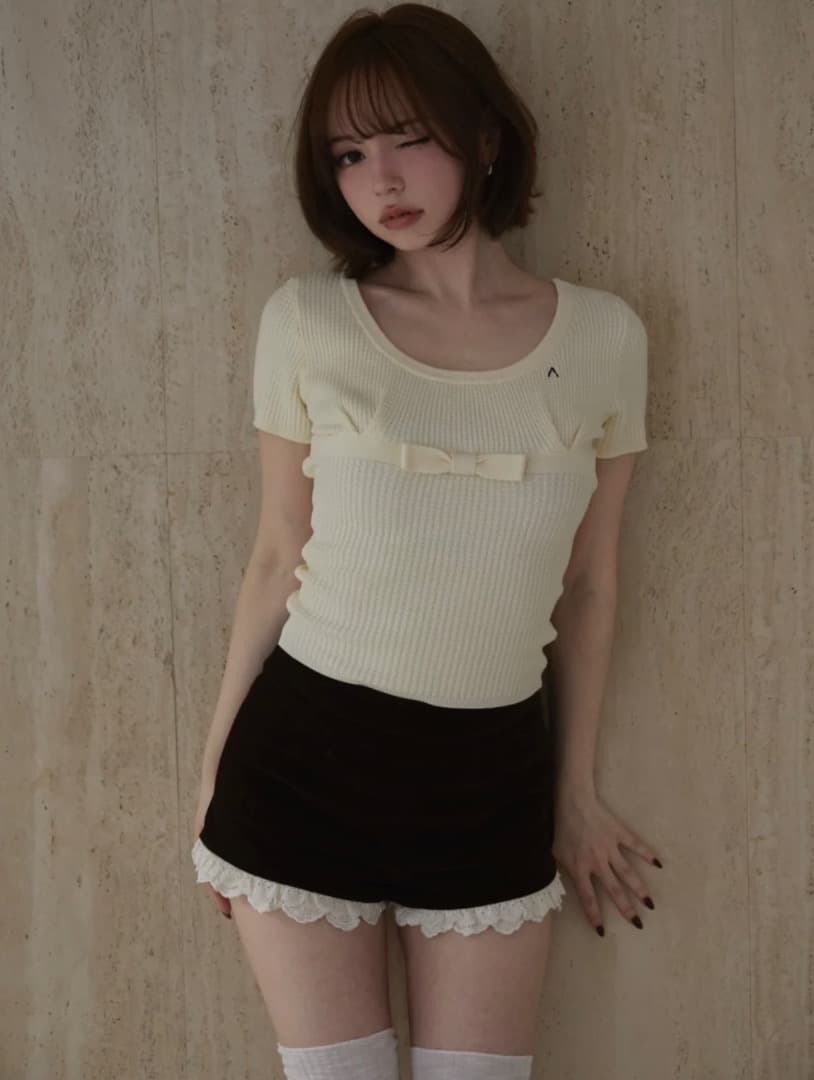トップス andmary Waffle ribbon tops ivory