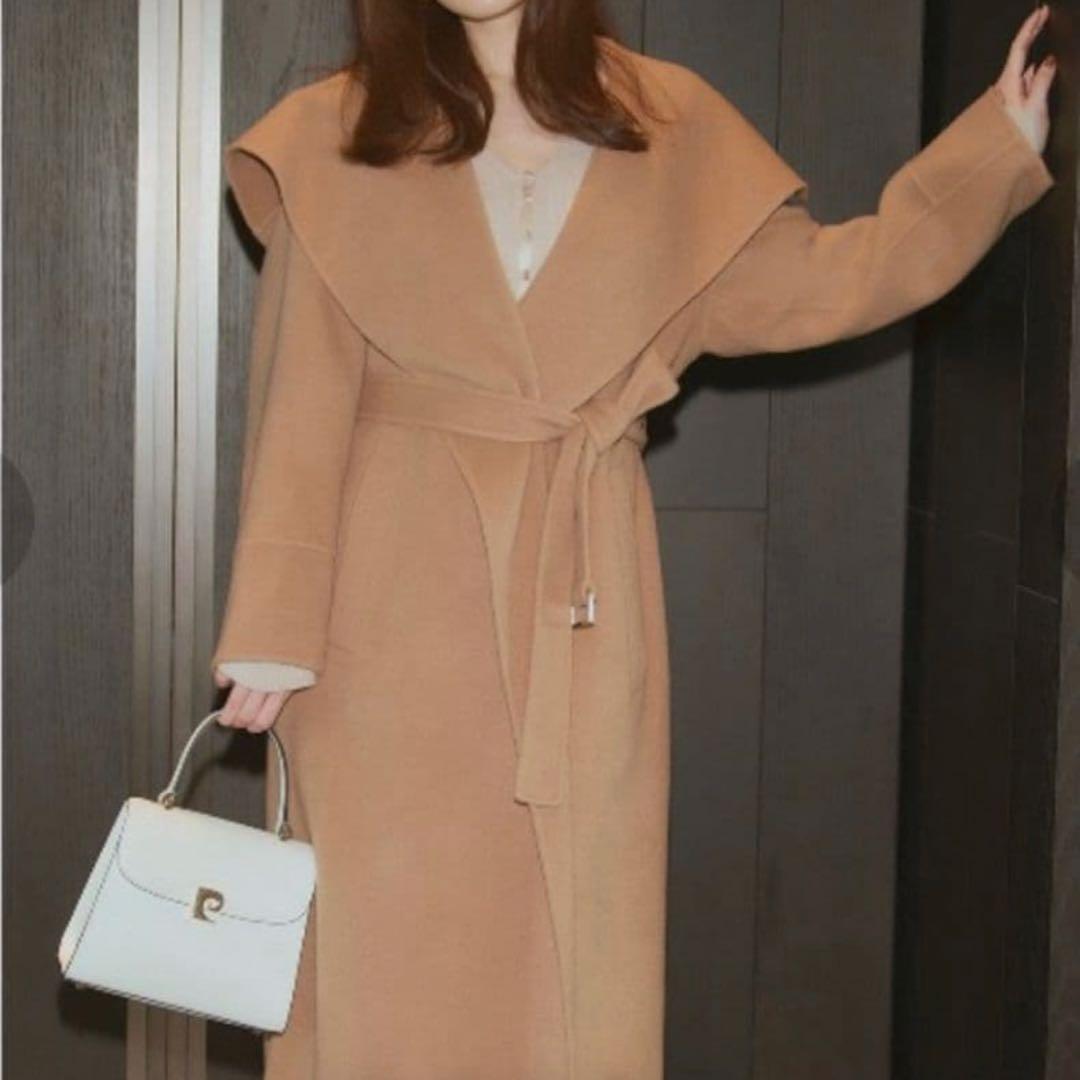 極美品/近年♡フレイアイディー ビッグカラーリバーロングコート 女優襟 ベルト