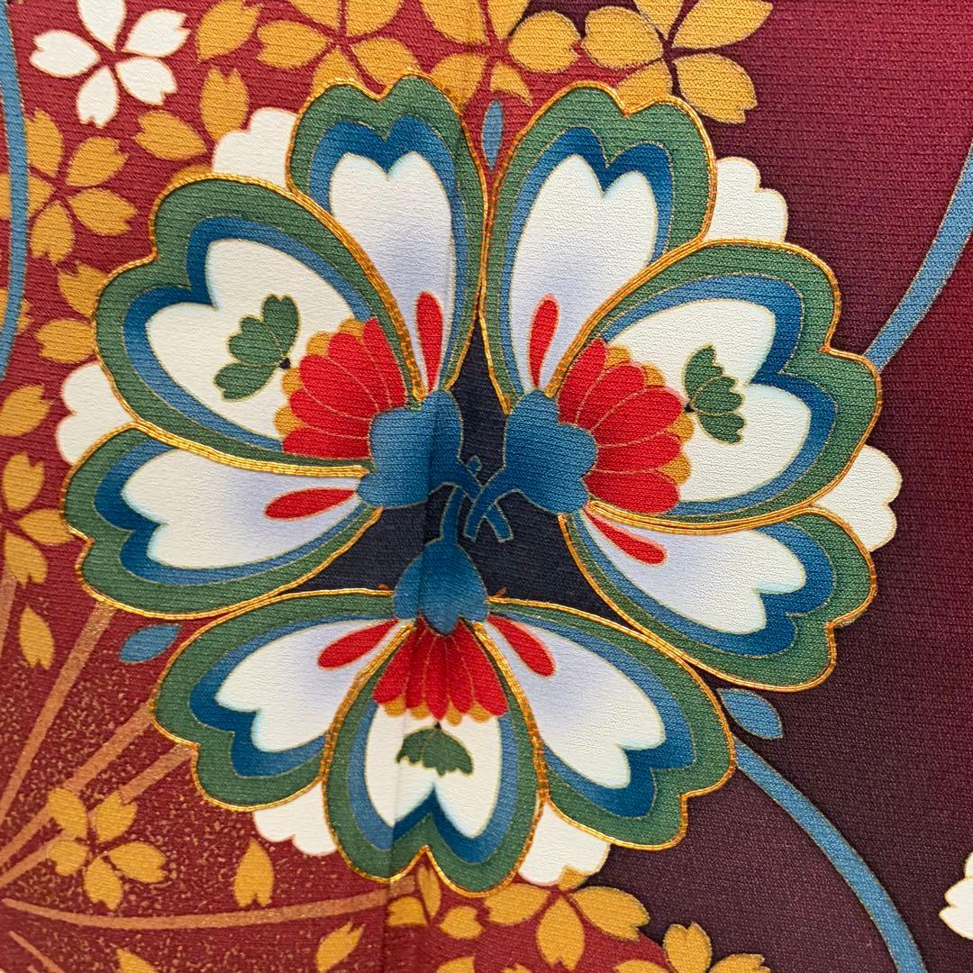 D185振袖　桜　金駒刺繍　赤　正絹　着物　袷　美品
