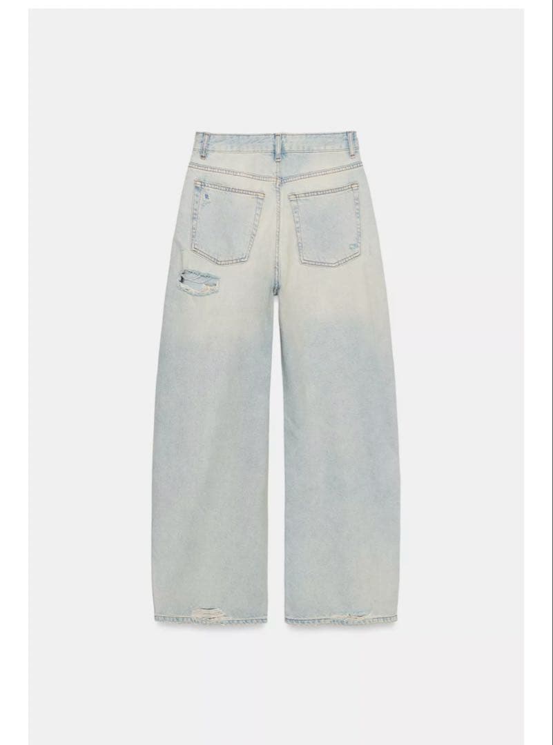 34 ZARA TRF ダメージ加工バギーミッドライズデニムパンツ