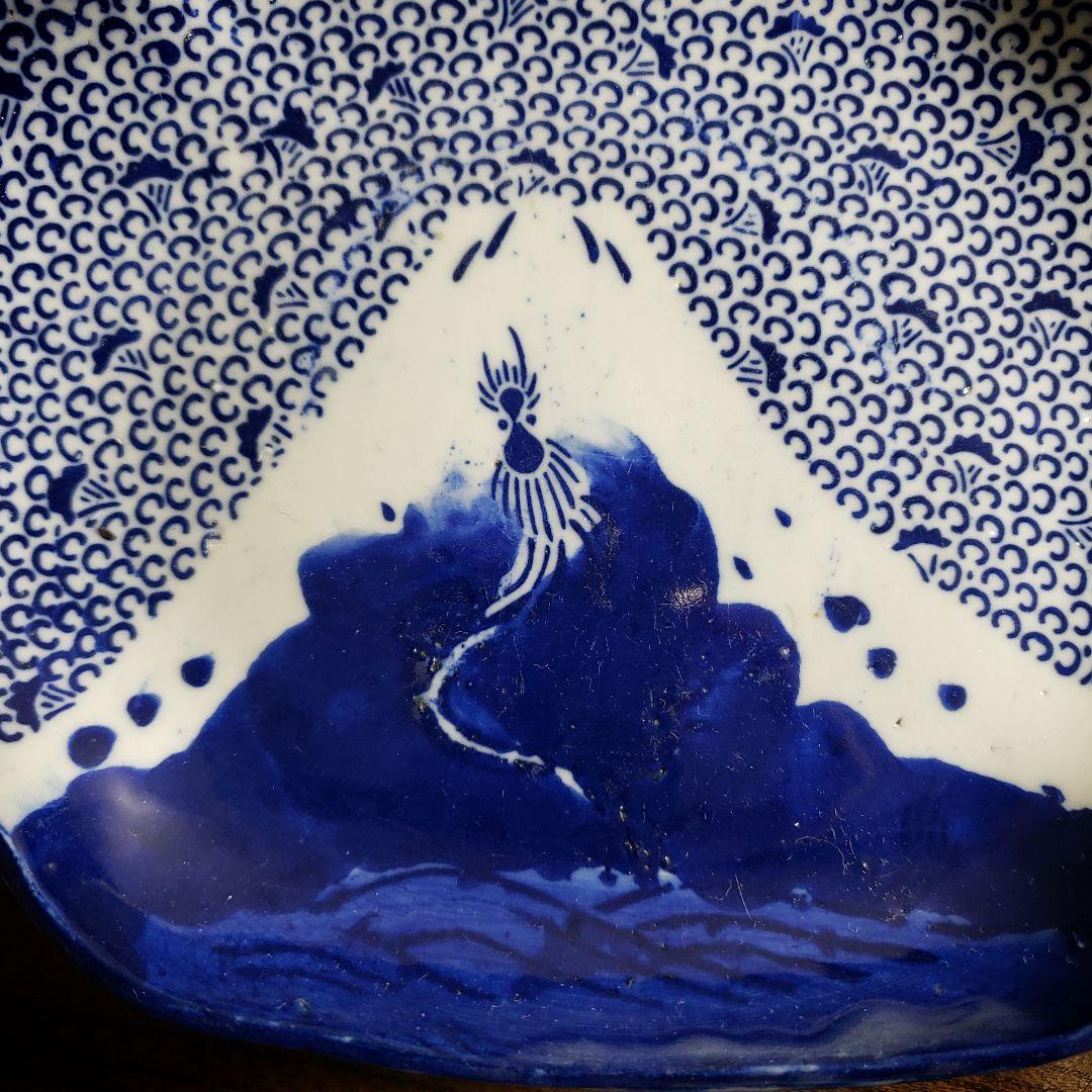 皿　印判　富士山　龍　竜　染付　明治　大正　変形皿　古伊万里　長皿　角皿