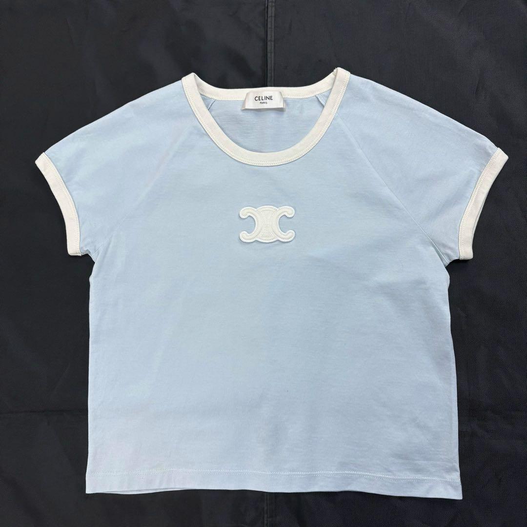 6264【美品】セリーヌ☆トリオンフロゴ入りリンガーTシャツ 水色×白色 XS