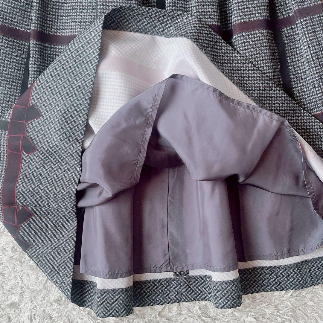 【美品】エムズグレイシー ドッキングワンピース リボン柄プリント グレー系