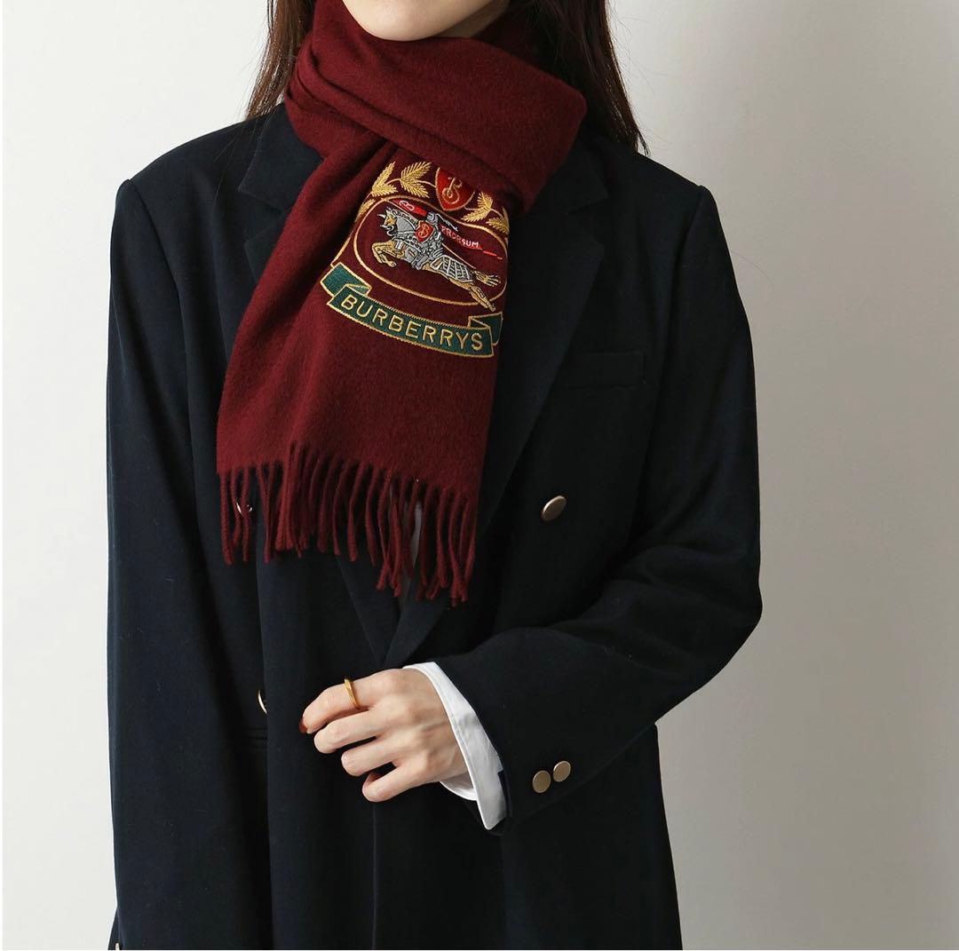 タグ付き未使用 BURBERRY カシミア マフラー エンブレム刺繍 バーバリー