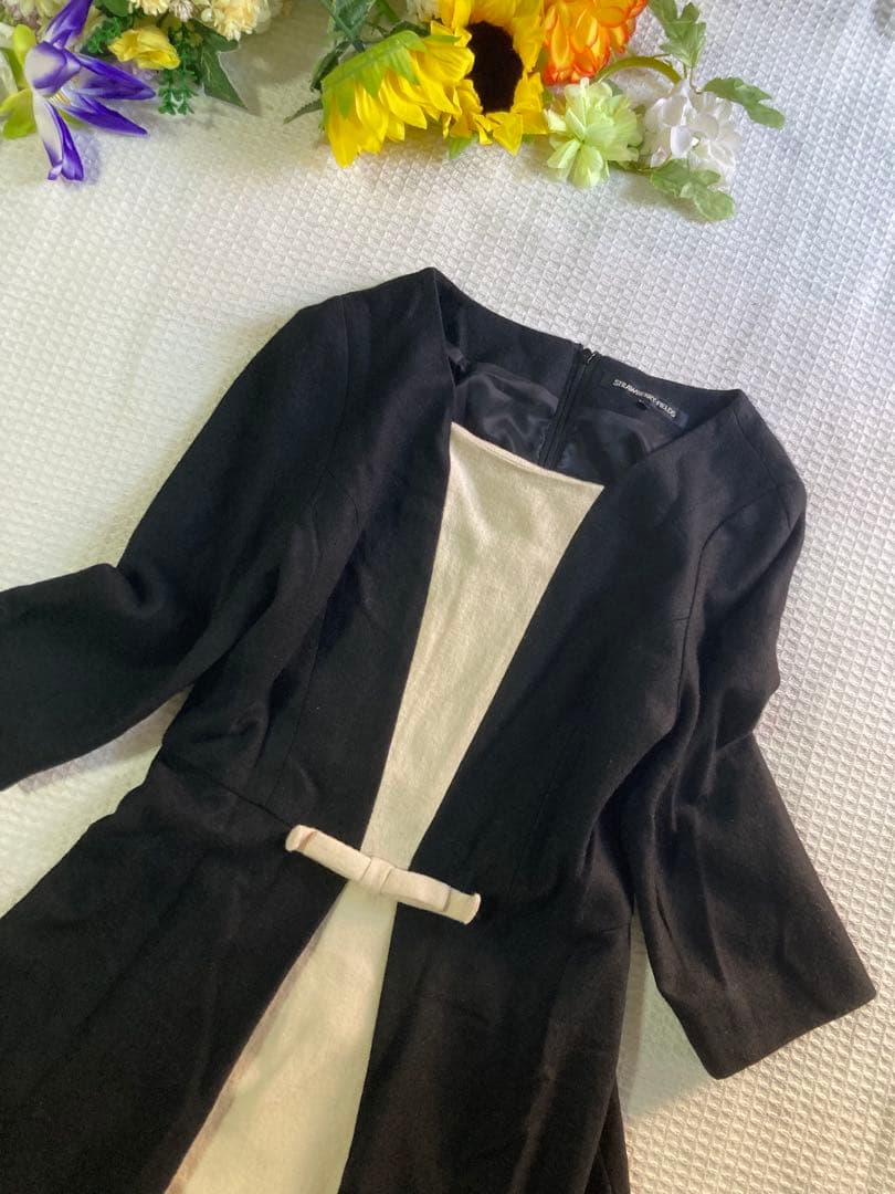 ストロベリーフィールズ ワンピース 黒 バイカラー リボン 日本製 ウール美品