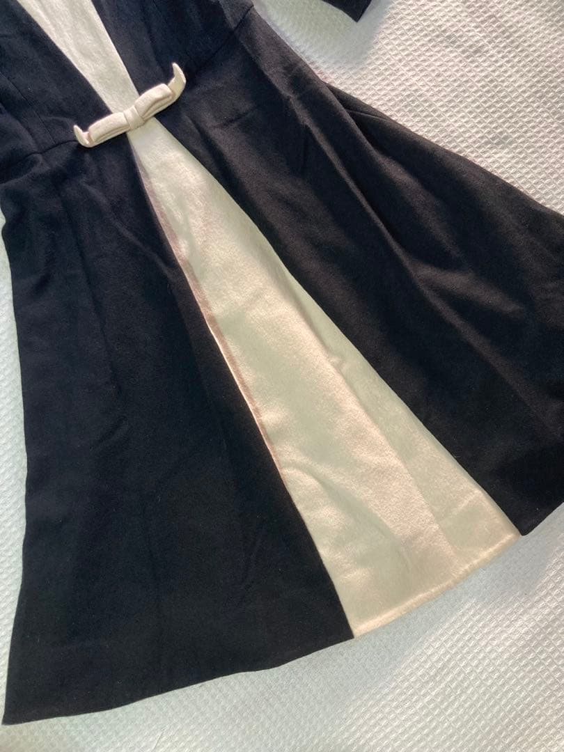 ストロベリーフィールズ ワンピース 黒 バイカラー リボン 日本製 ウール美品