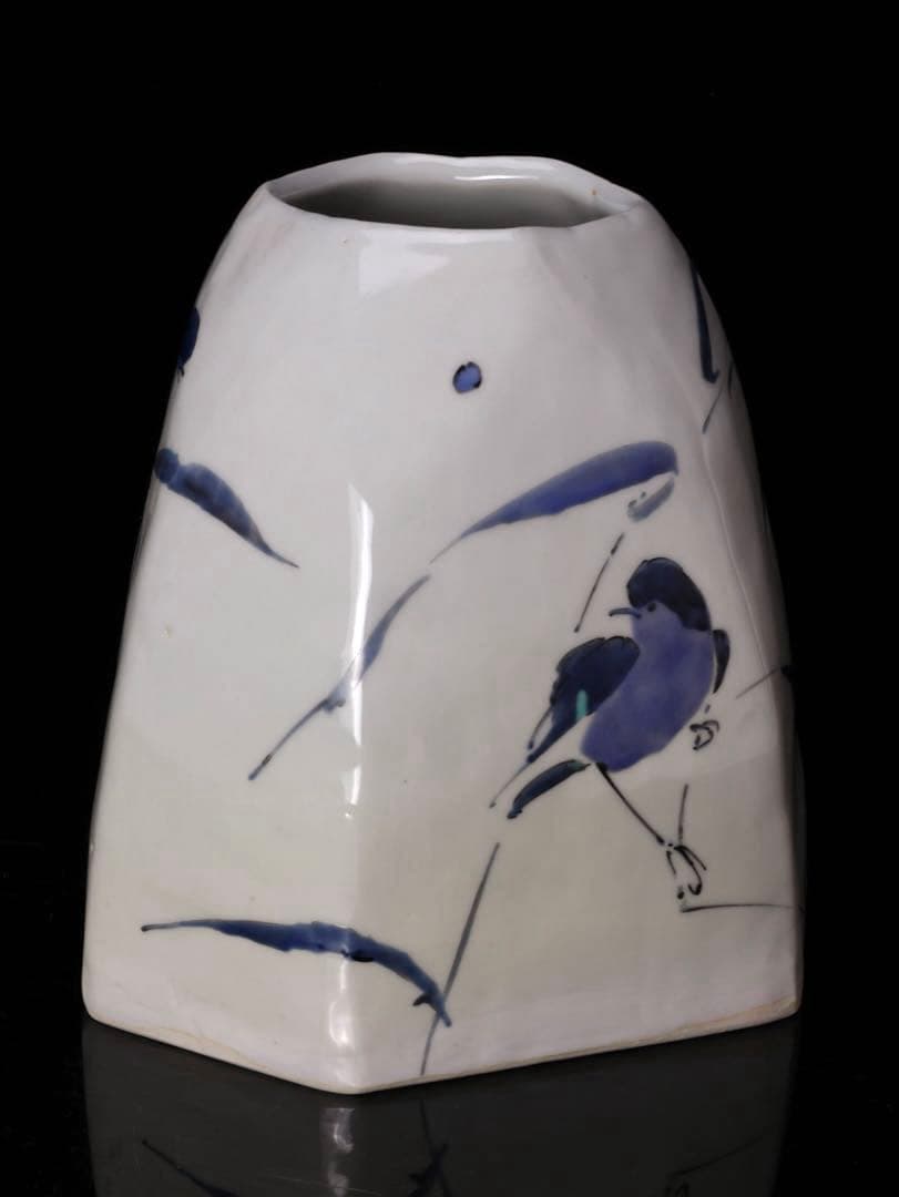 九谷焼陶芸作家 佐藤亮作『色絵 花器』 共箱付 鳥草文 花瓶 花入 在銘 作家物