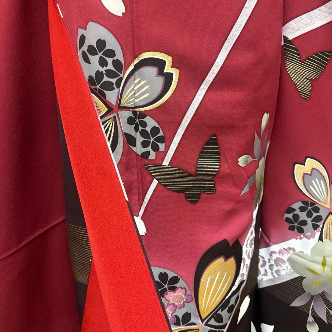 えんじ×こげ茶♡蝶×桜レトロモダン♡振袖フルセット　成人式